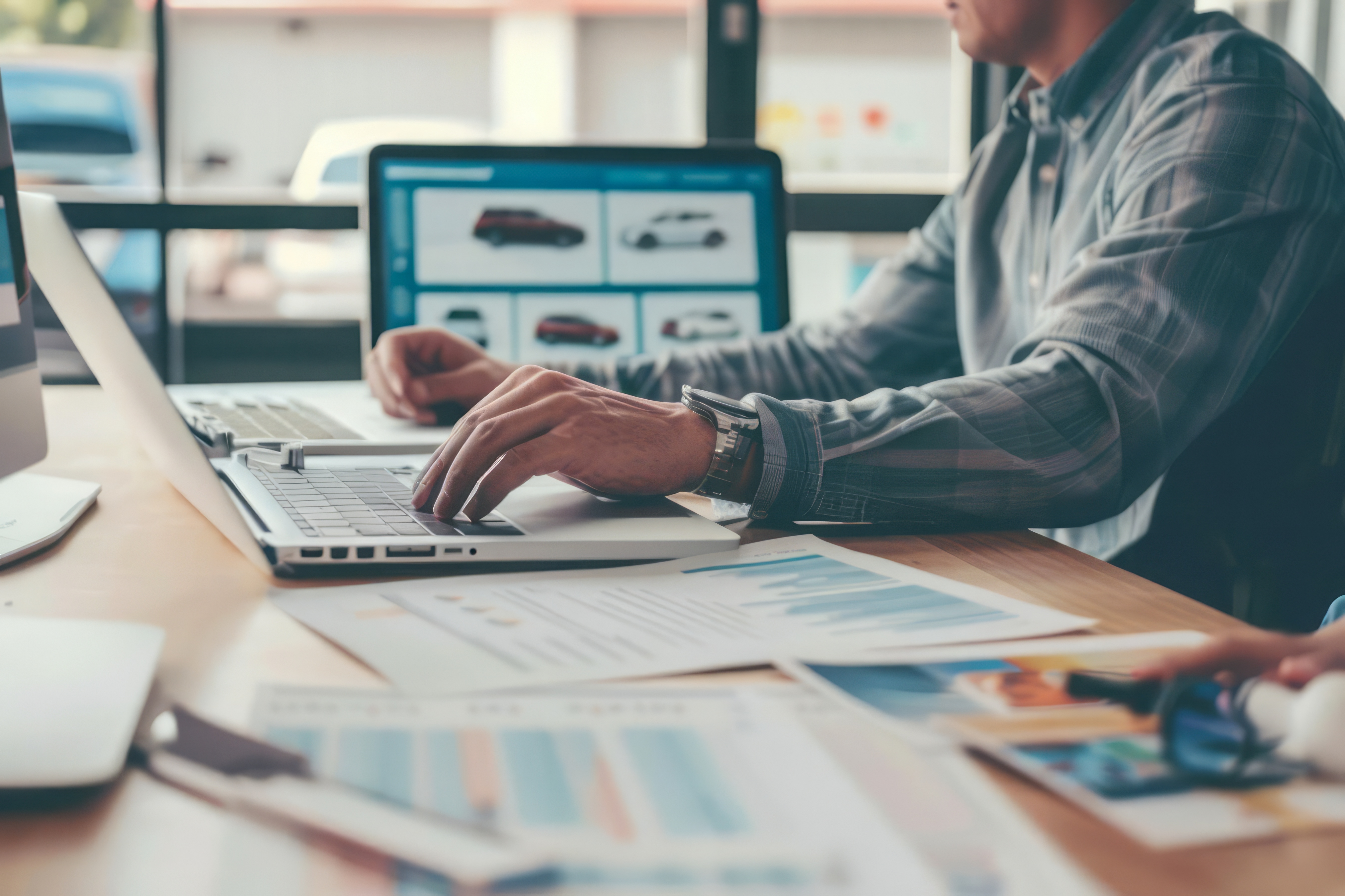 Man with laptops looking at car options and sales documents